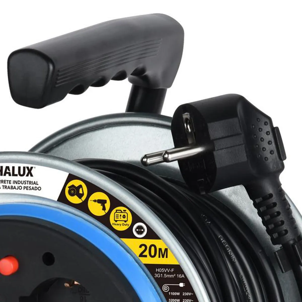 HALUX - Carrete Alargador Shuko 16A 4 Toma(s) 20 m Negro/Gris