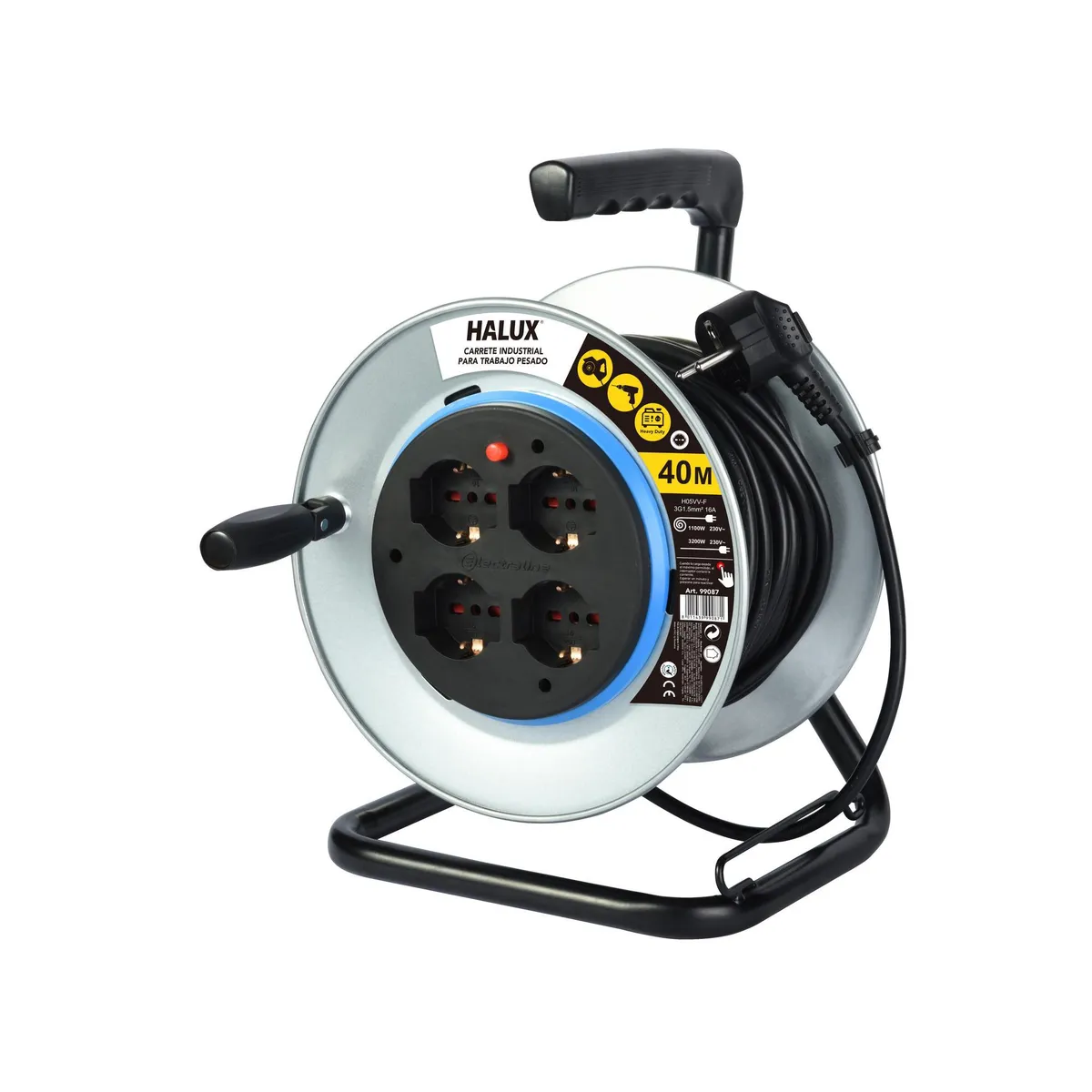 HALUX - Carrete Alargador Shuko 16A 4 Toma(s) 40 m Negro/Gris