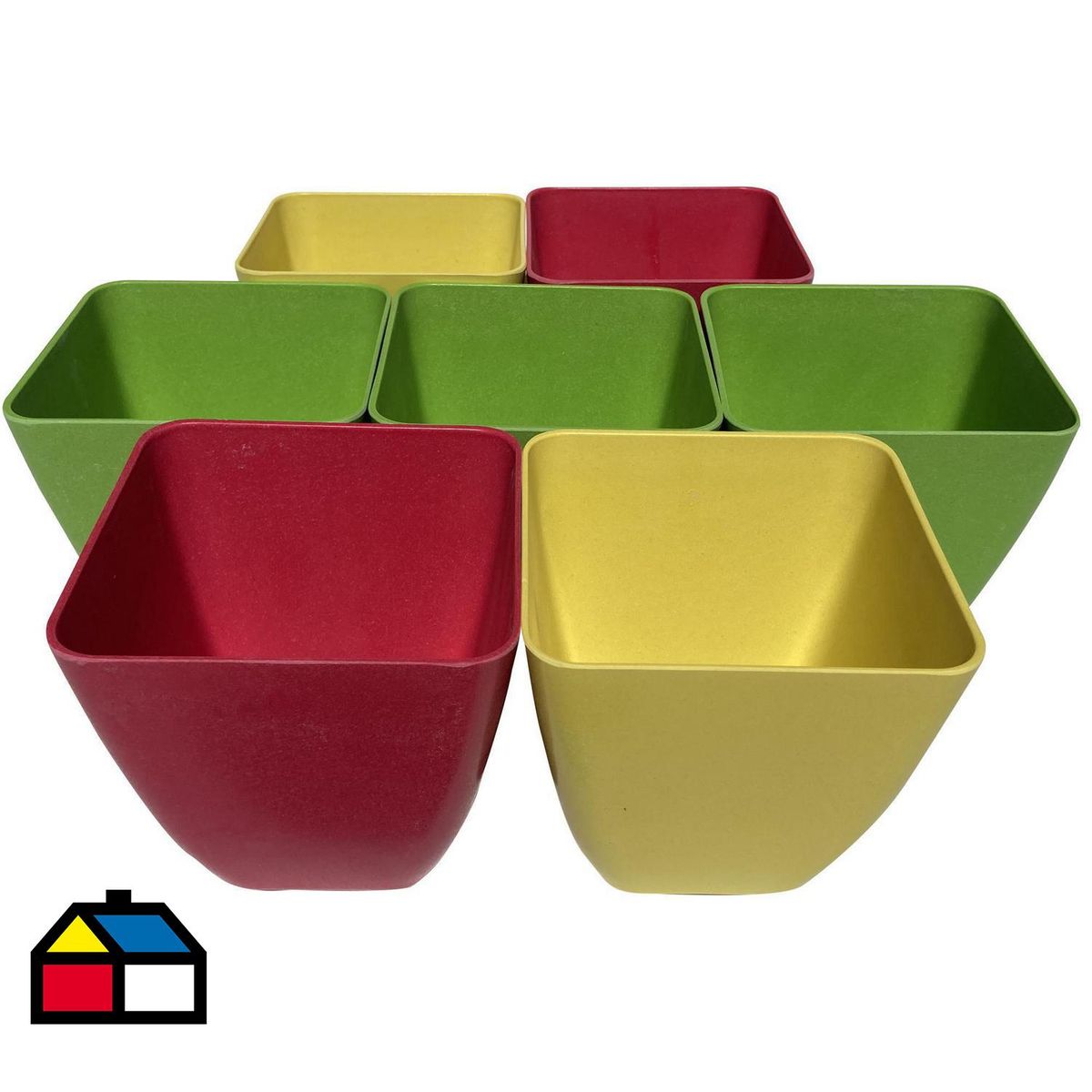 DECOGREEN - Set 7 Maceteros Biodegradables Cuadrado 2 coral, 2 amarillos, 3 verde