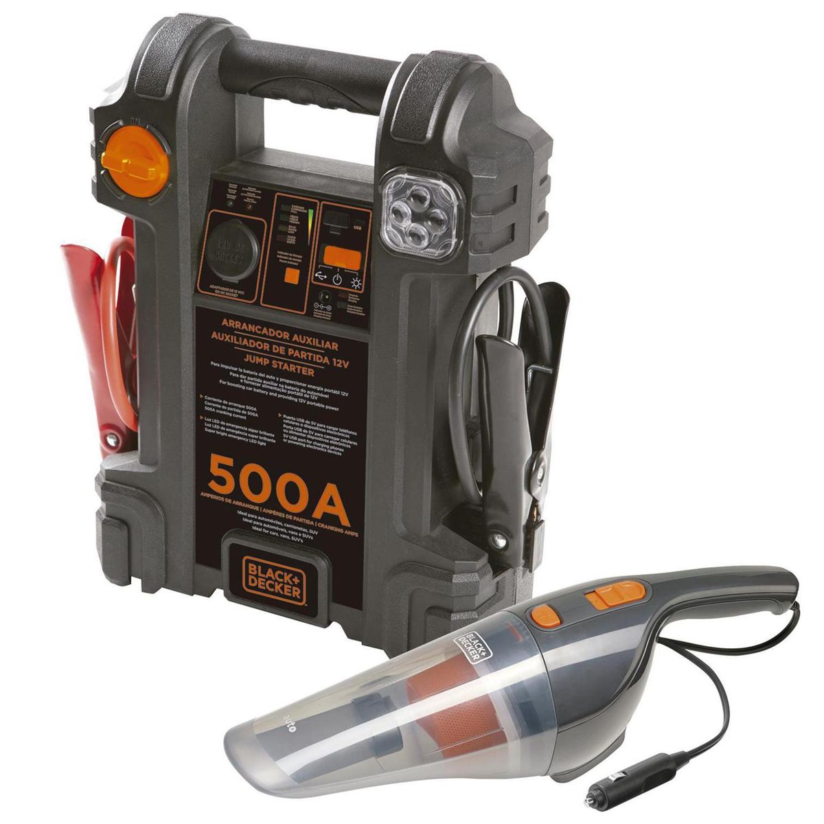 BLACK+DECKER - Partidor de Auto Black+decker 500 Amp con Aspiradora 12v Portátil