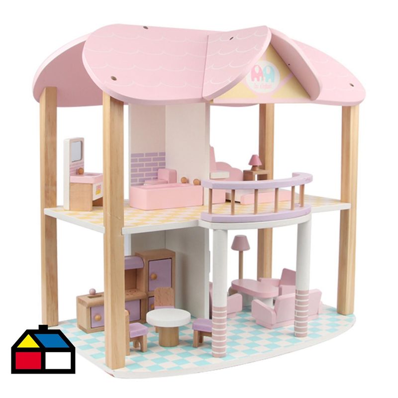 KIDSCOOL - Casa Muñecas Amelie con Accesorios 45x45x23 cm Rosado, Morado y Celeste Desde 2 años
