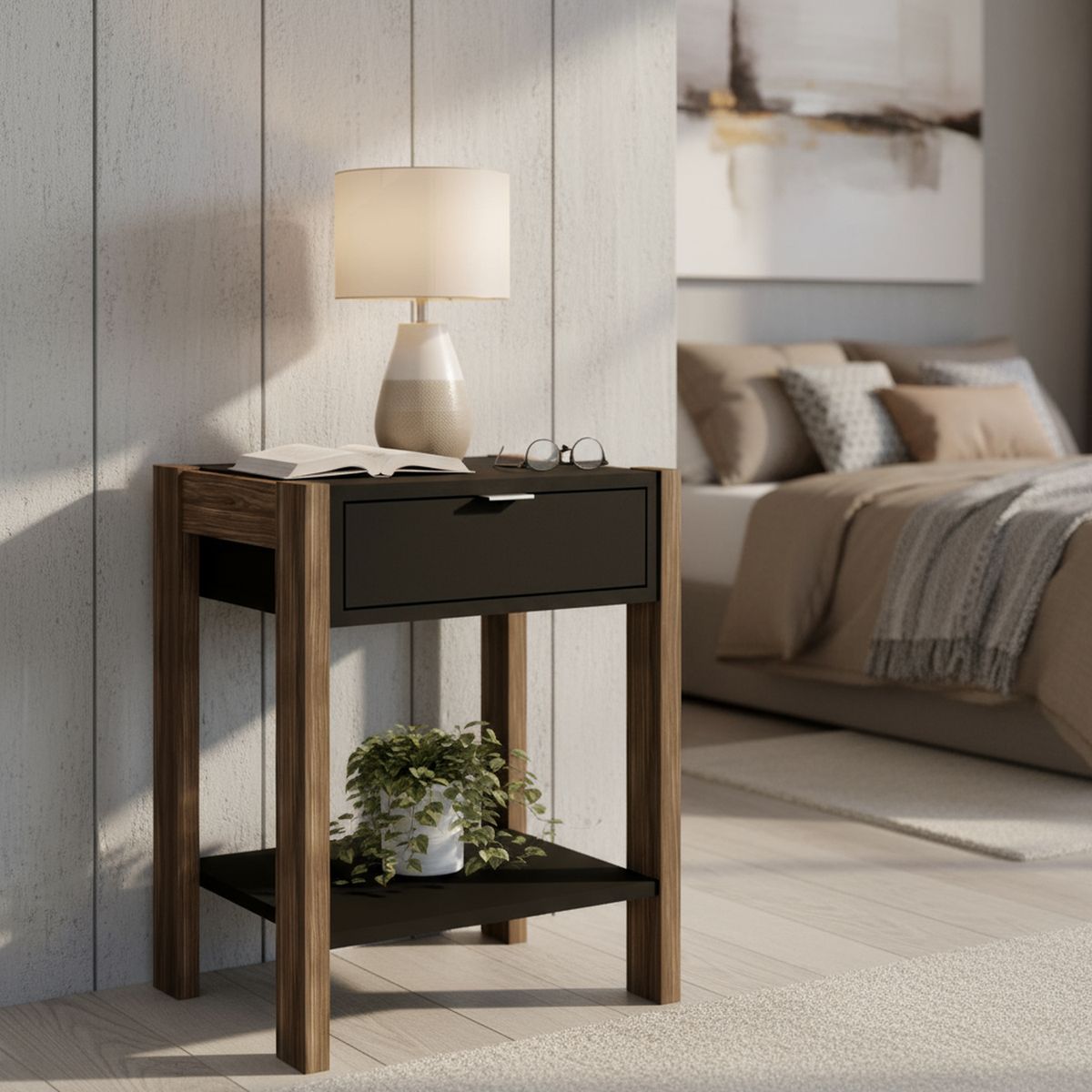 TECNOMOBILI - Velador 1 Cajón 41x54x35,5 cm Negro/Nogal