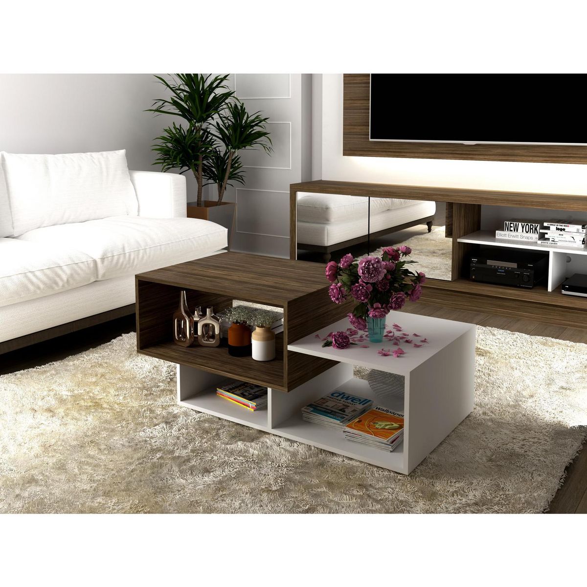 TECNOMOBILI - Mesa de centro 45,7x110x54 cm nogal blanco