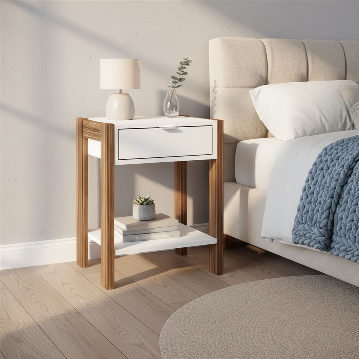 TECNOMOBILI - Velador 1 Cajón 41x54,4x35,5 cm Blanco/Nogal