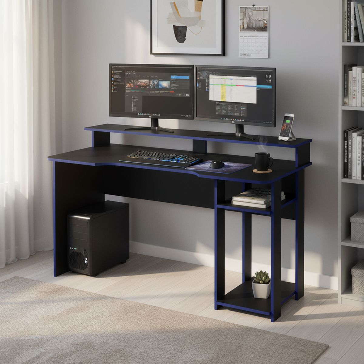 TECNOMOBILI - Escritorio gamer 89,5x136x60 cm melamina negro azul