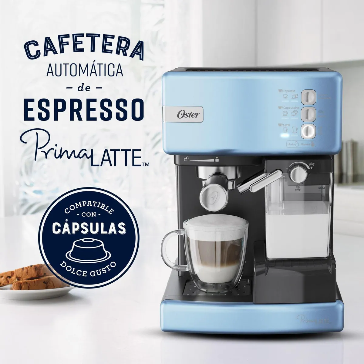 OSTER - Cafetera Automática Espresso Prima Latte 1.5 l 1050 W Celeste