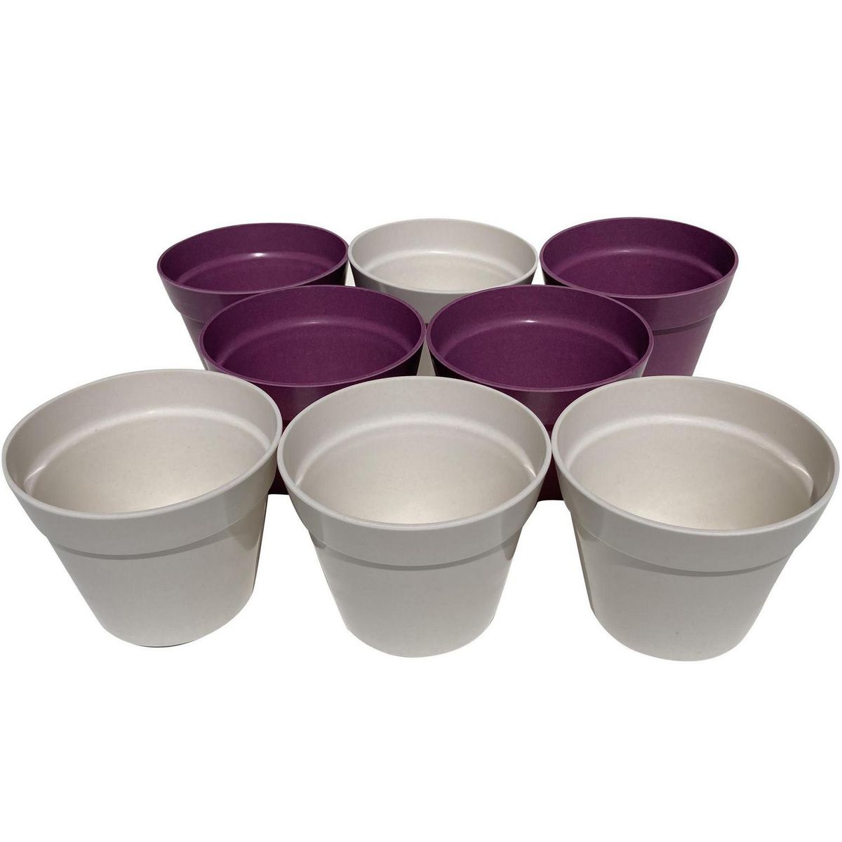 DECOGREEN - Set 8 Maceteros Biodegradables Redondos 4 morados, 4 blancos