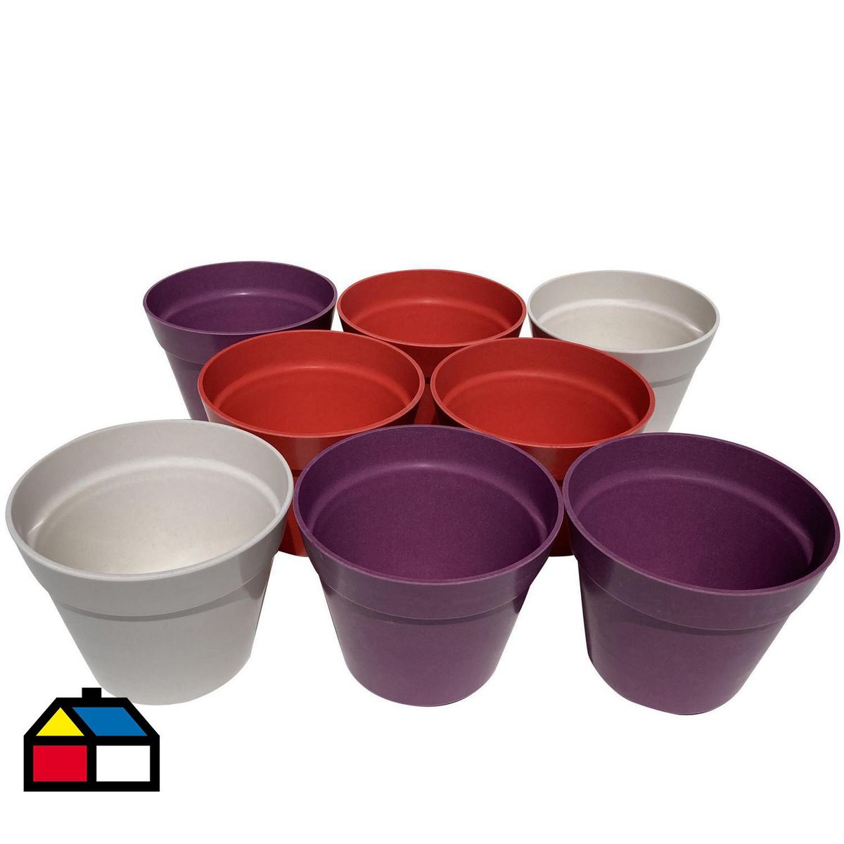 DECOGREEN - Set 8 Maceteros Biodegradables Redondos 3 morado 3 rojo 2 blanco
