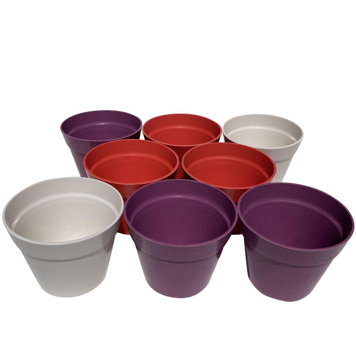 DECOGREEN - Set 8 Maceteros Biodegradables Redondos 3 morado 3 rojo 2 blanco