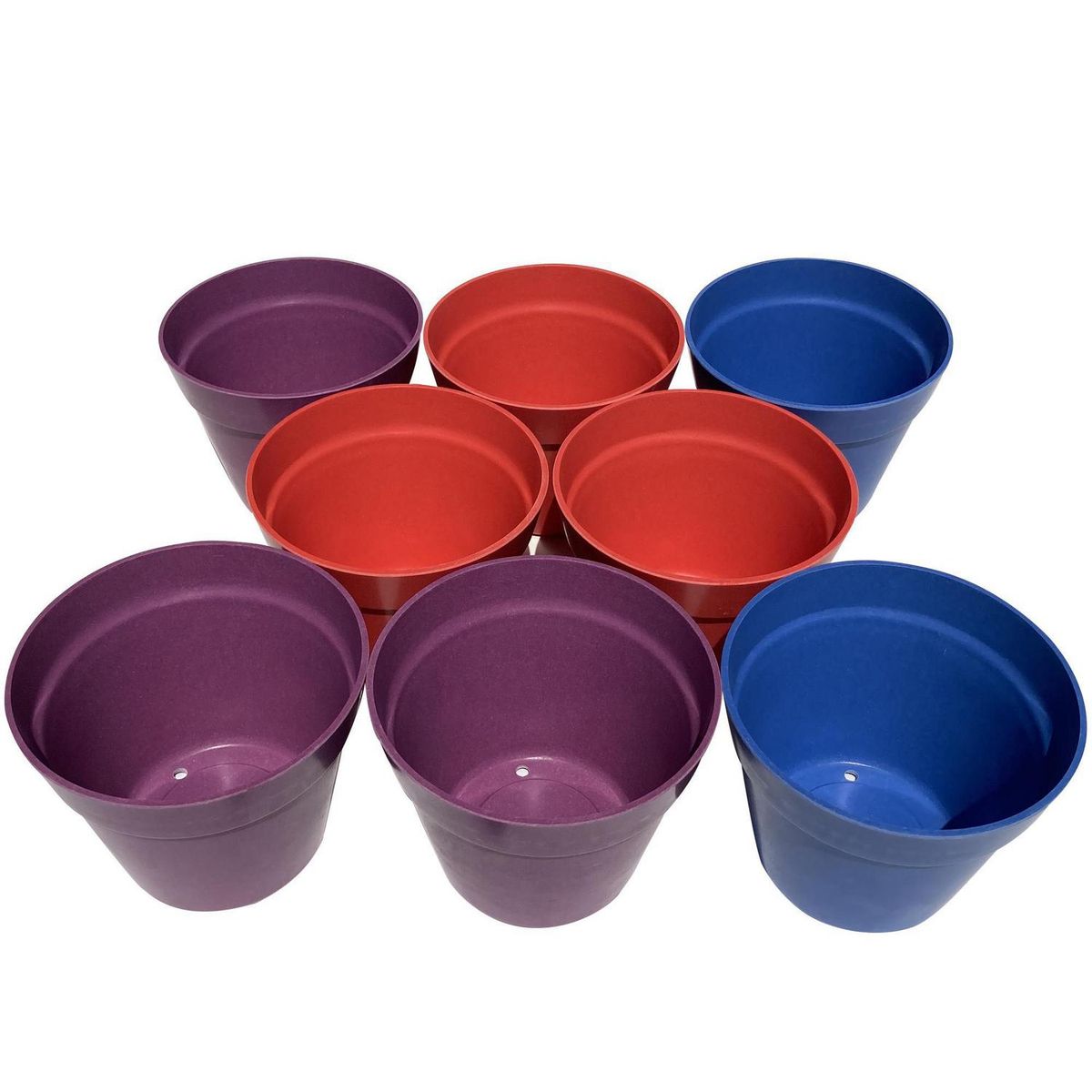 DECOGREEN - Set 8 Maceteros Biodegradables Redondos 3 morado, 3 rojo, 2 azul