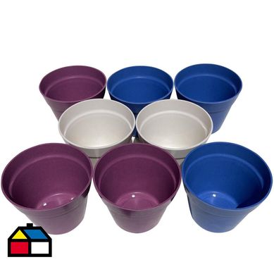 Set 8 Maceteros Biodegradables Redondos 3 morado, 3 azul, 2 blanco