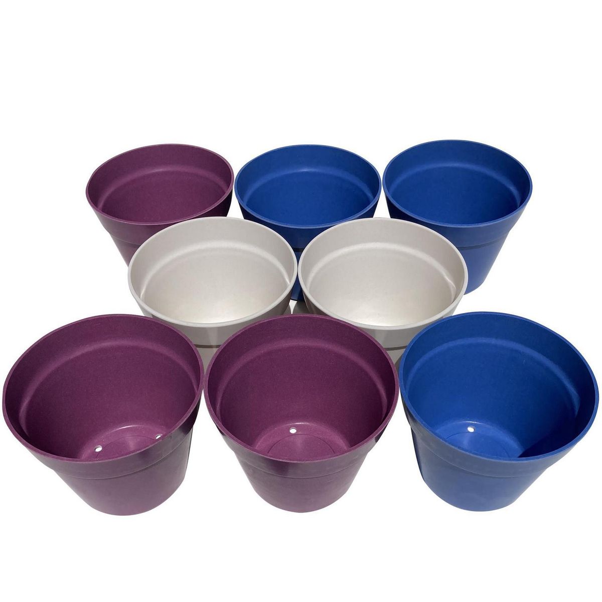 DECOGREEN - Set 8 Maceteros Biodegradables Redondos 3 morado, 3 azul, 2 blanco