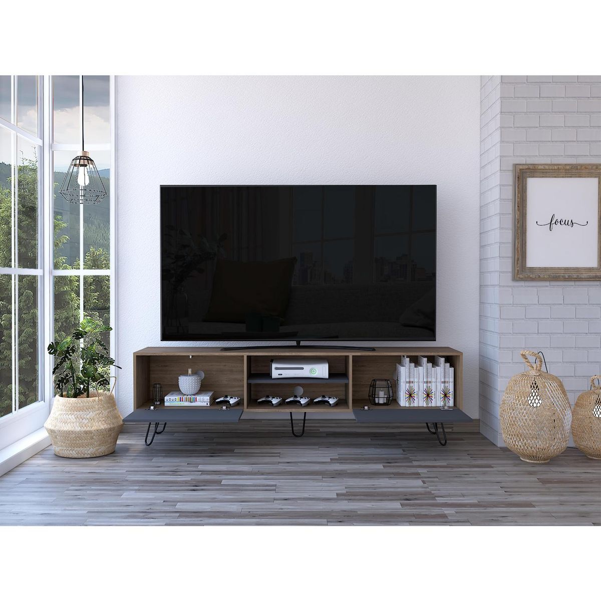 TUHOME - Rack TV 80" 180x52,5x35 cm miel/plomo