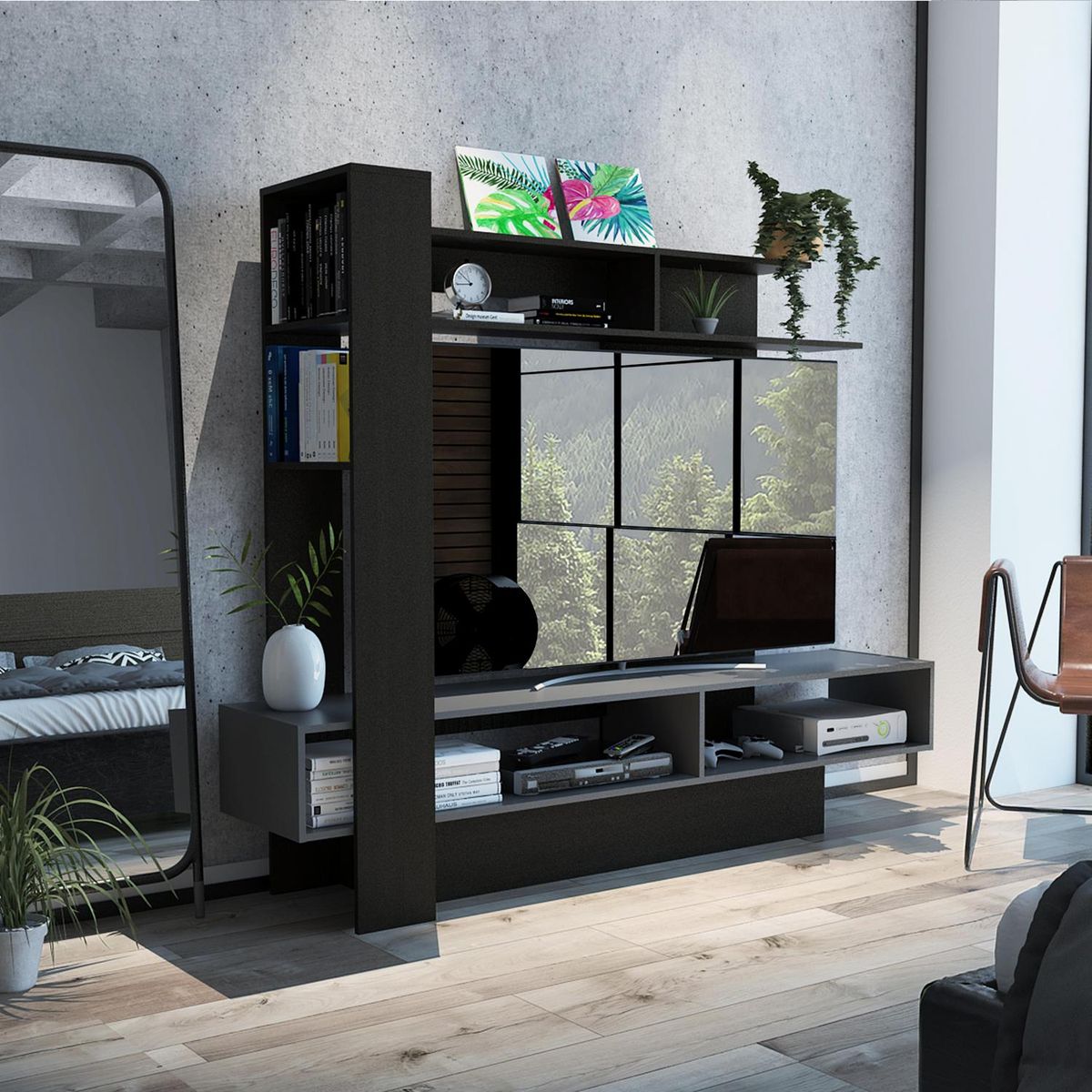 TUHOME - Estante TV 60" 180x152,2x40,2 cm wengue/plomo