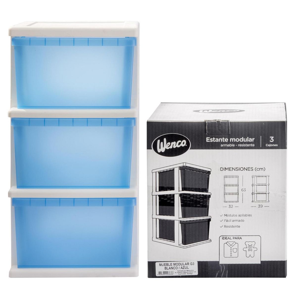 WENCO - Cajonera 32x63x39 cm 90 l Blanco/azul