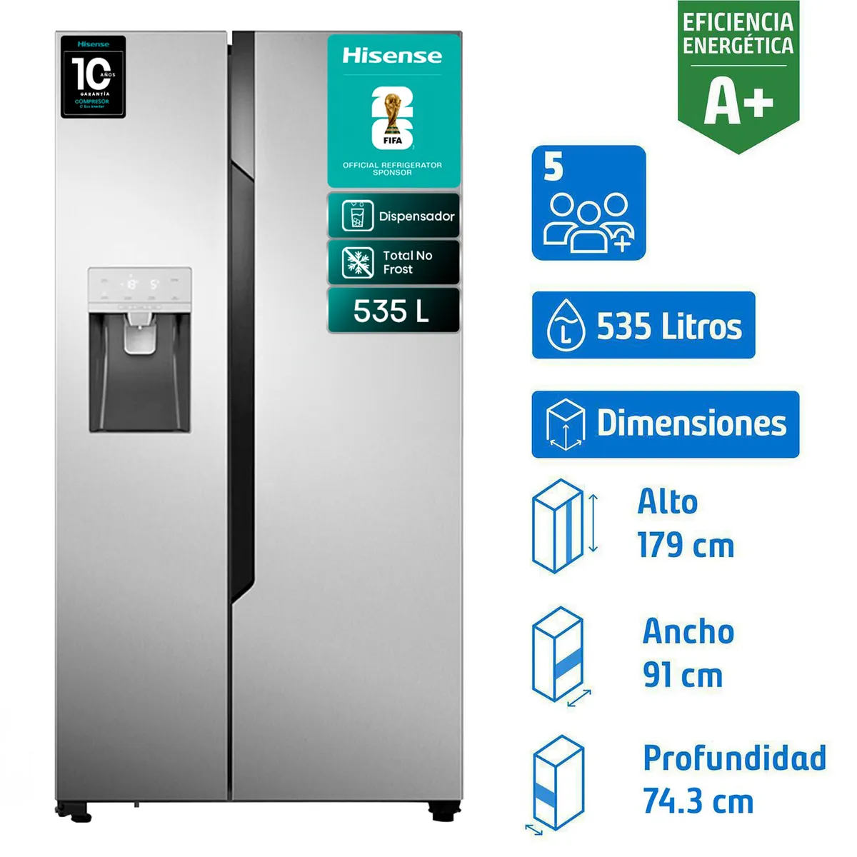 HISENSE - Refrigerador 2 Puertas Side by Side No Frost 535 Litros Inox RC-70WS