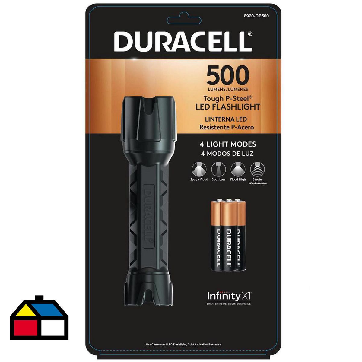 DURACELL - Linterna Policarbonato Acero 500 Lúmenes (3 pilas AAA Incluidas)