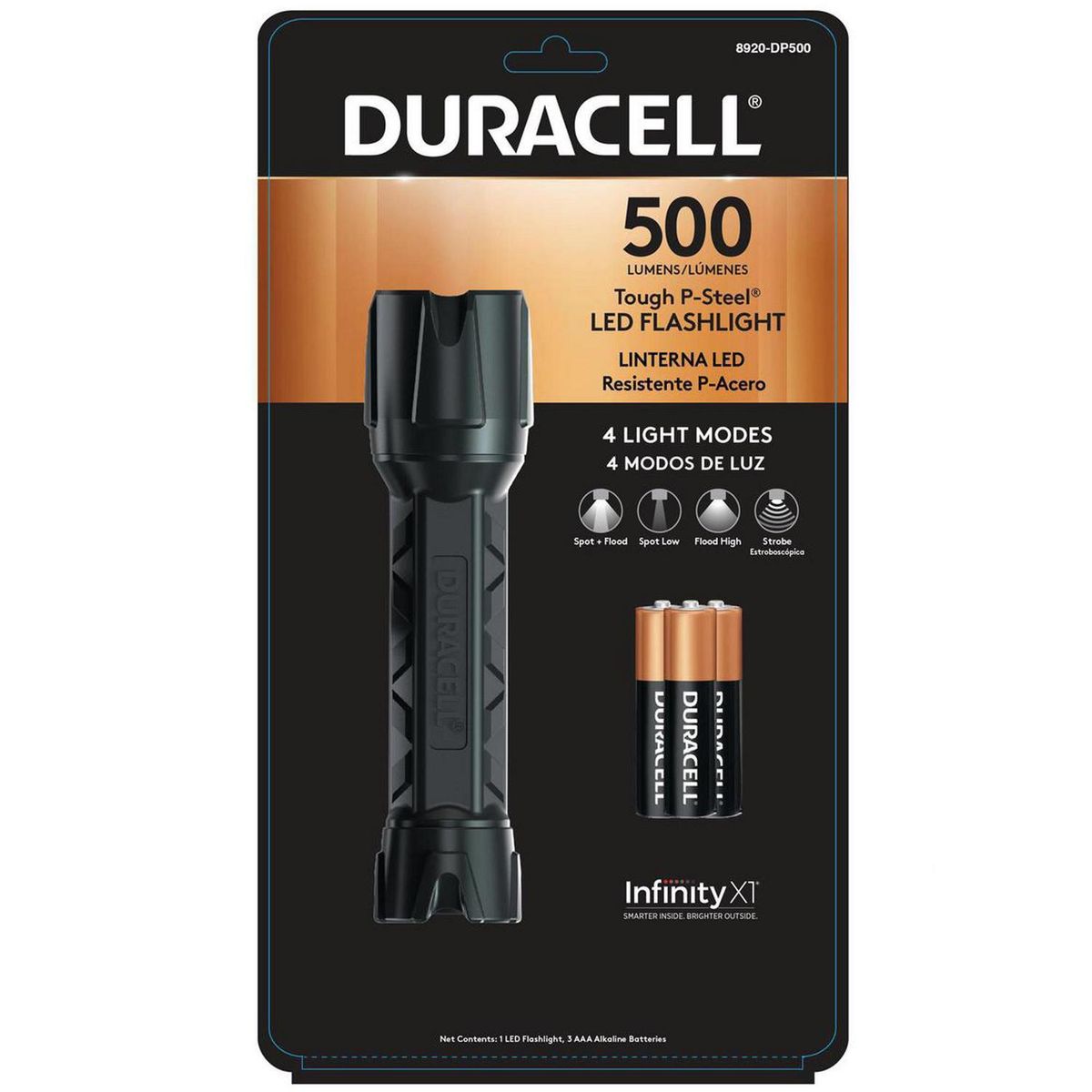 DURACELL - Linterna Policarbonato Acero 500 Lúmenes (3 pilas AAA Incluidas)
