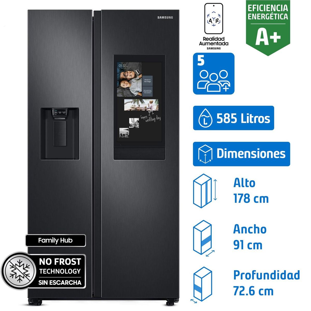 SAMSUNG - Refrigerador 2 Puertas Side by Side No Frost 585 Litros Negro RS58T5561B1/ZS
