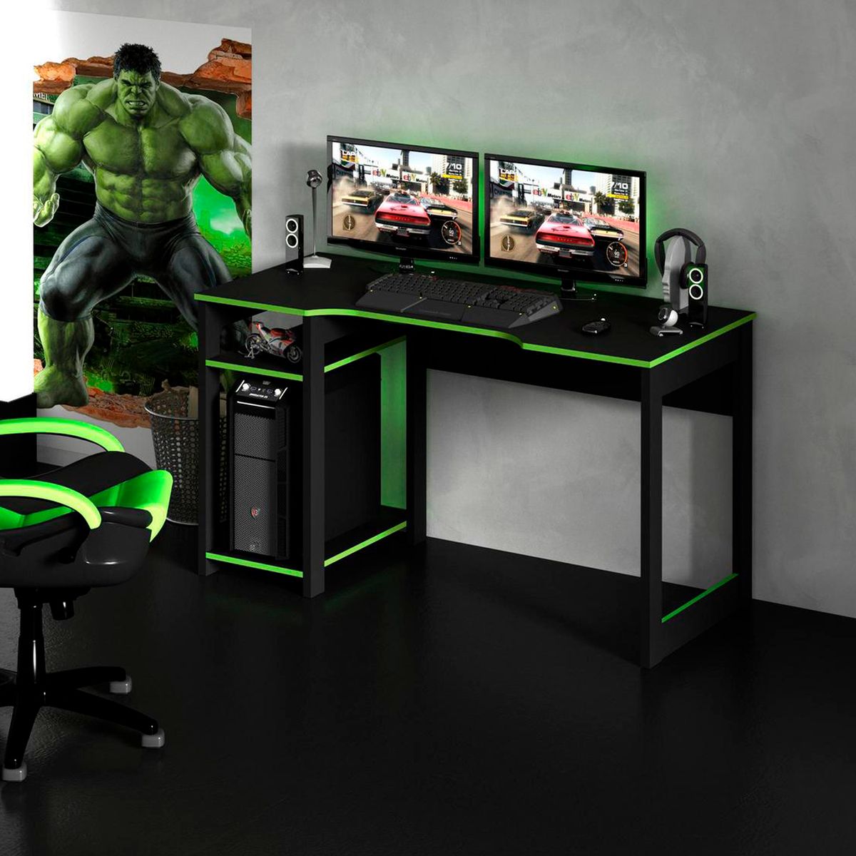 TECNOMOBILI - Mesa gamer 75x136x60 cm negra/verde
