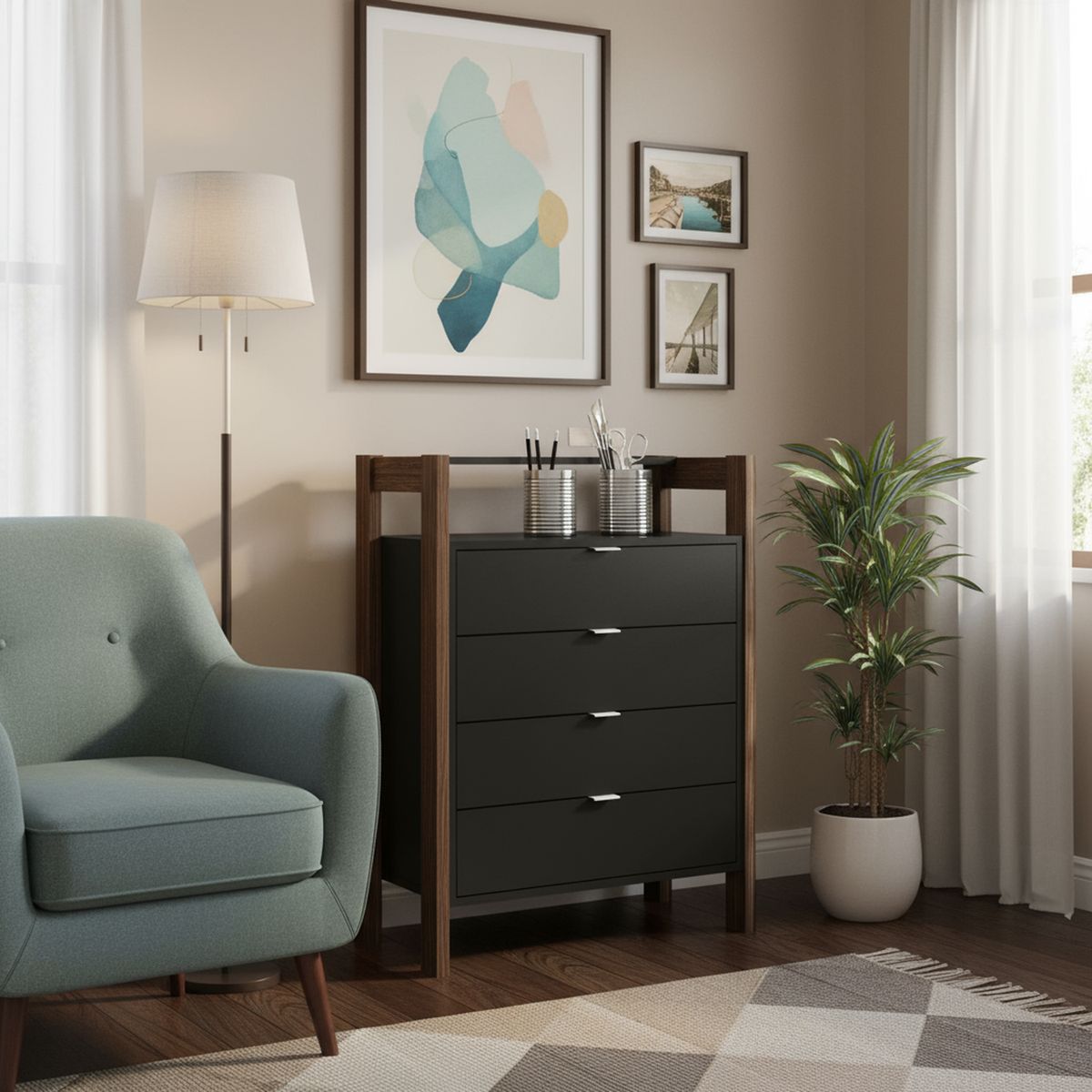 TECNOMOBILI - Velador 4 Cajón(es) 35.5x90.5x65 cm Negro