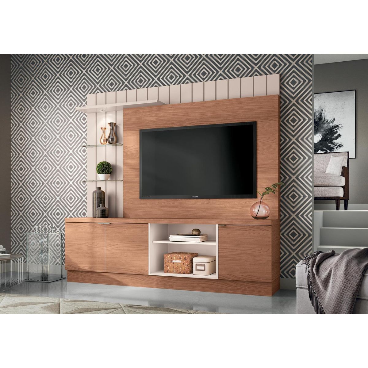 EXIT - Estante moderno TV 60" 188x200x40 cm natural/blanco