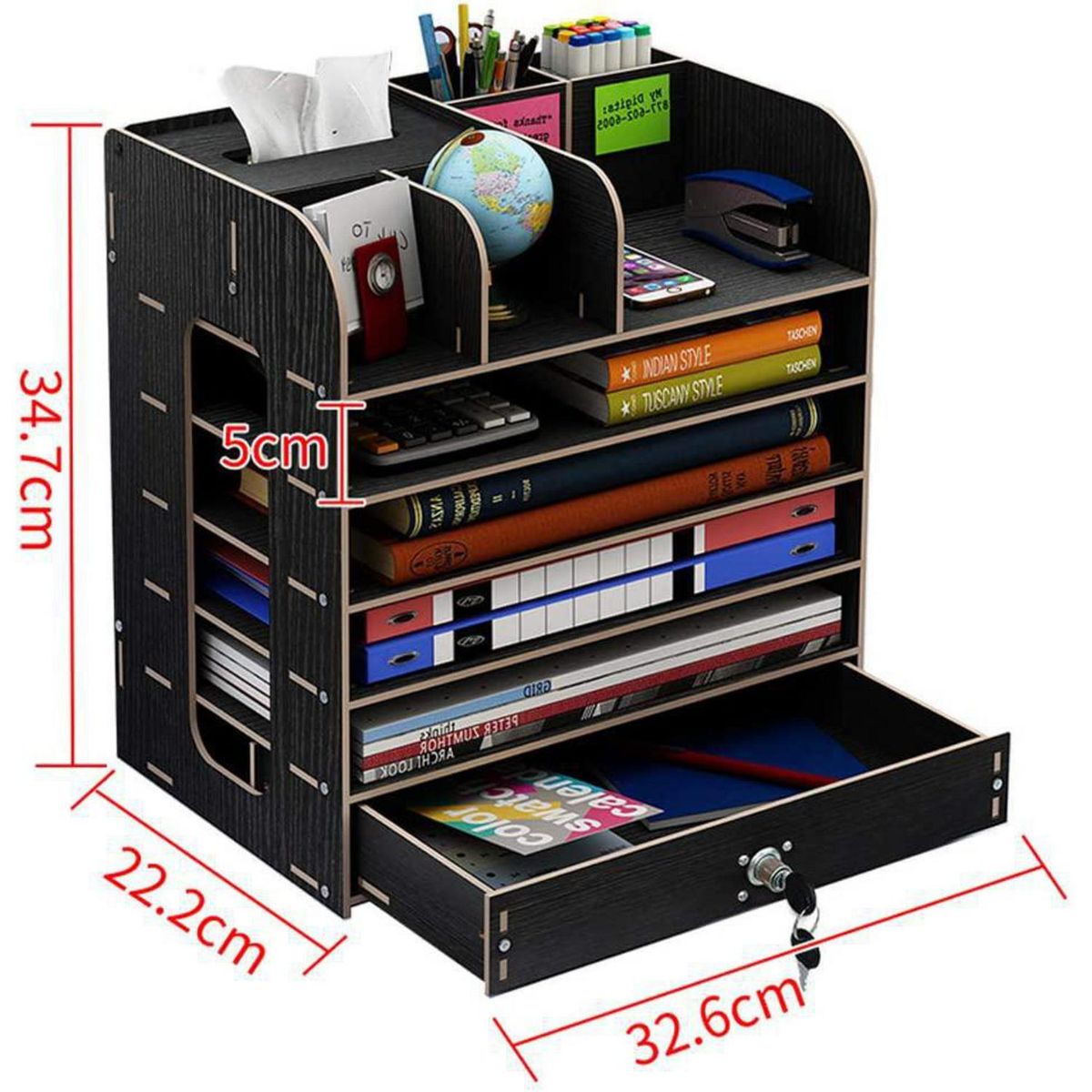 IMPORTADORA USA - Organizador escritorio madera cajón 34,7x22,2x32,6 cm negro