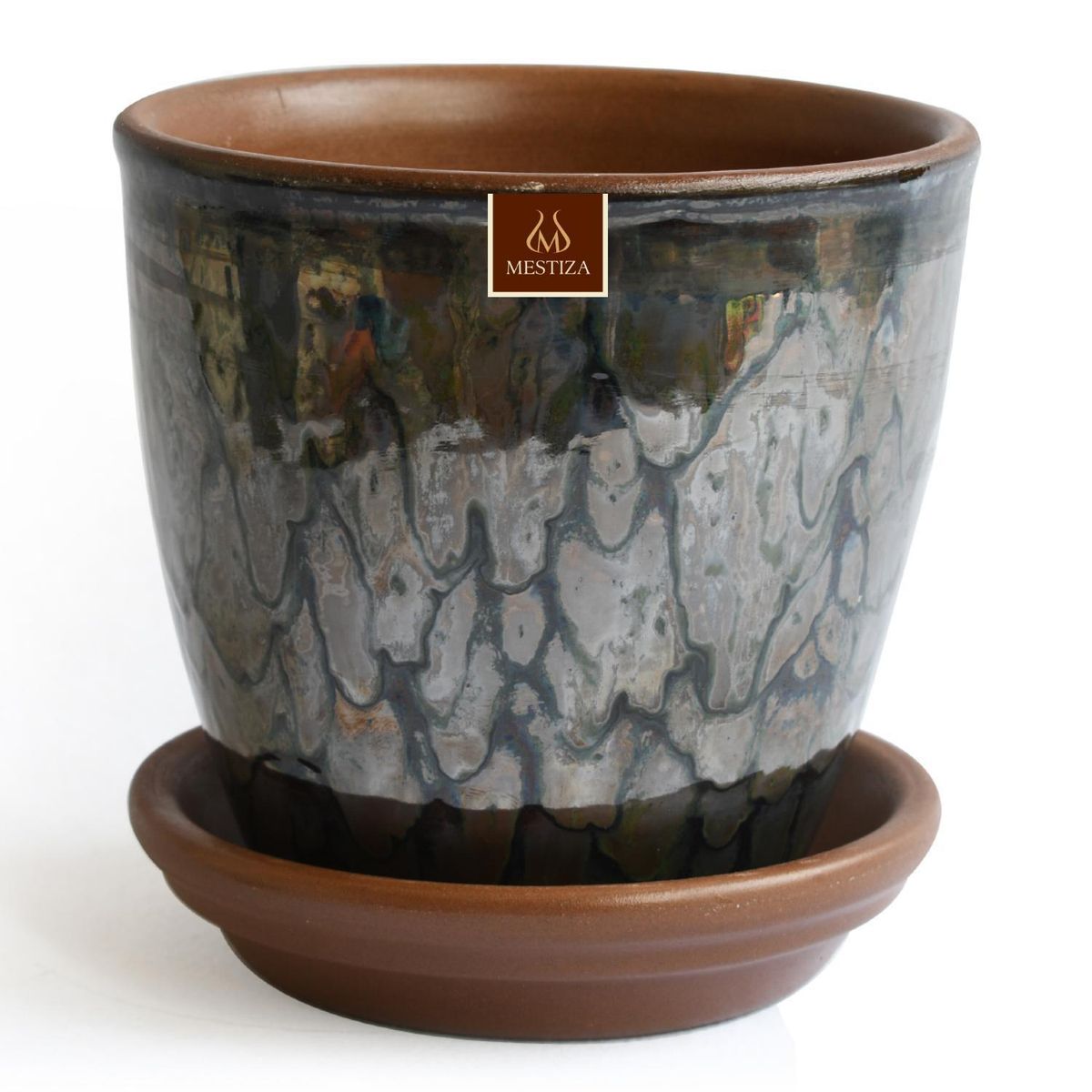 MESTIZA - Set Macetero y Plato Zafiro de Cerámica 10x13 cm Plata