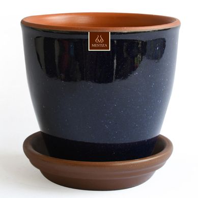 Set macetero zafiro cermico azul cobalto 14 cm y plato decorativo