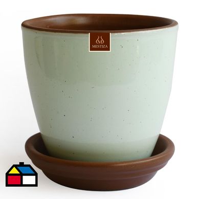 Set macetero zafiro cermico verde agua 14 cm y plato decorativo