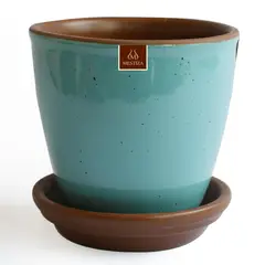 MESTIZA - Set macetero zafiro cerámico esmeralda 14 cm y plato decorativo