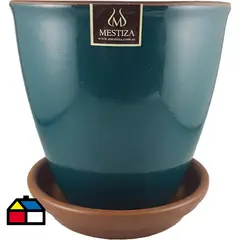 MESTIZA - Set Macetero y Plato Zafiro de Cerámica 12x16 cm Petroleo