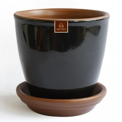Set macetero zafiro cermico negro 14 cm y plato decorativo