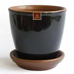 MESTIZA - Set macetero zafiro cerámico negro 14 cm y plato decorativo