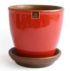 MESTIZA - Set macetero zafiro cerámico rojo 14 cm y plato decorativo