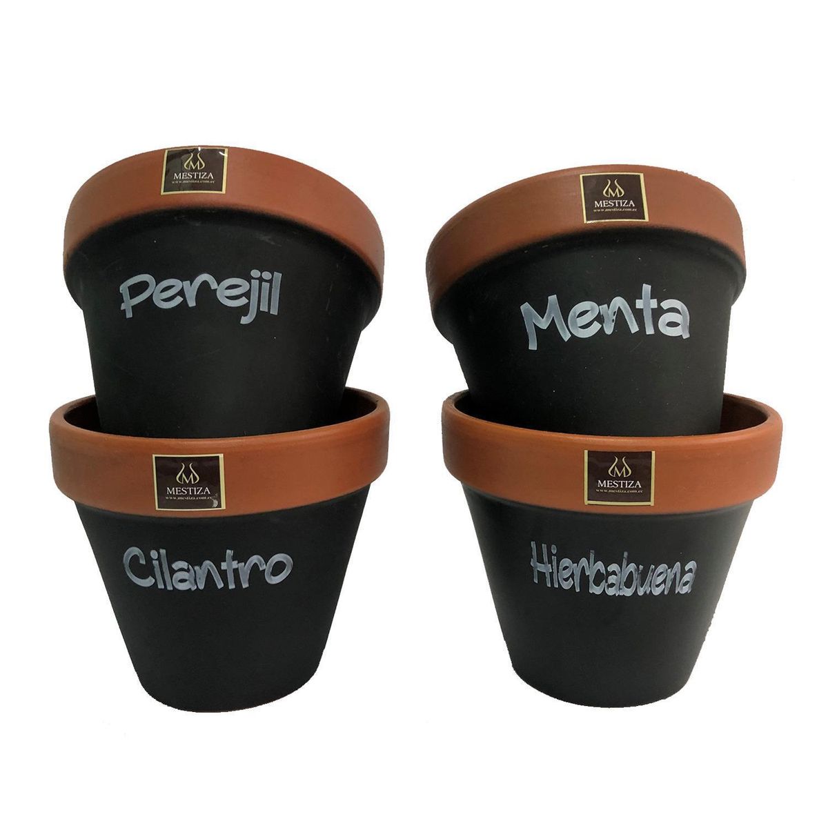MESTIZA - Set 4 Maceteros Mi Huerto de Arcilla 12x16 cm Negro/terracota