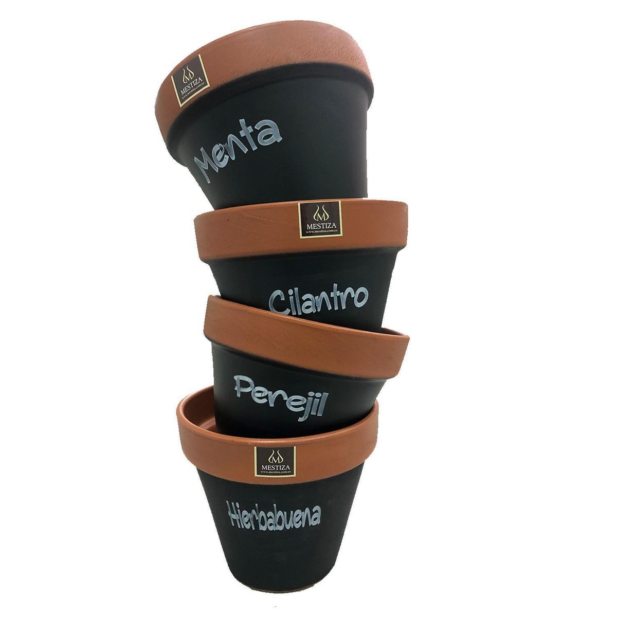 MESTIZA - Set 4 Maceteros Mi Huerto de Arcilla 12x16 cm Negro/terracota