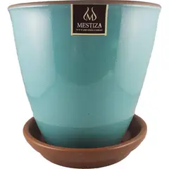 MESTIZA - Set macetero zafiro cerámico esmeralda 17 cm y plato decorativo