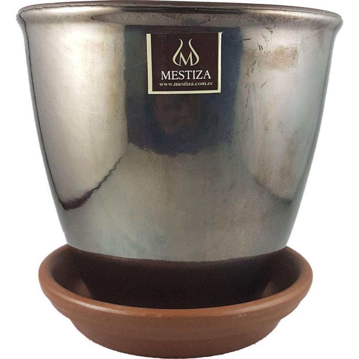 MESTIZA - Set Macetero y Plato Zafiro de Cerámica 12x16 cm Plata