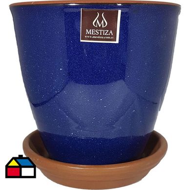 Set macetero zafiro cermico azul cobalto 17 cm y plato decorativo