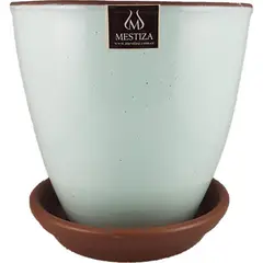 MESTIZA - Set macetero zafiro cerámico verde agua 17c m y plato decorativo
