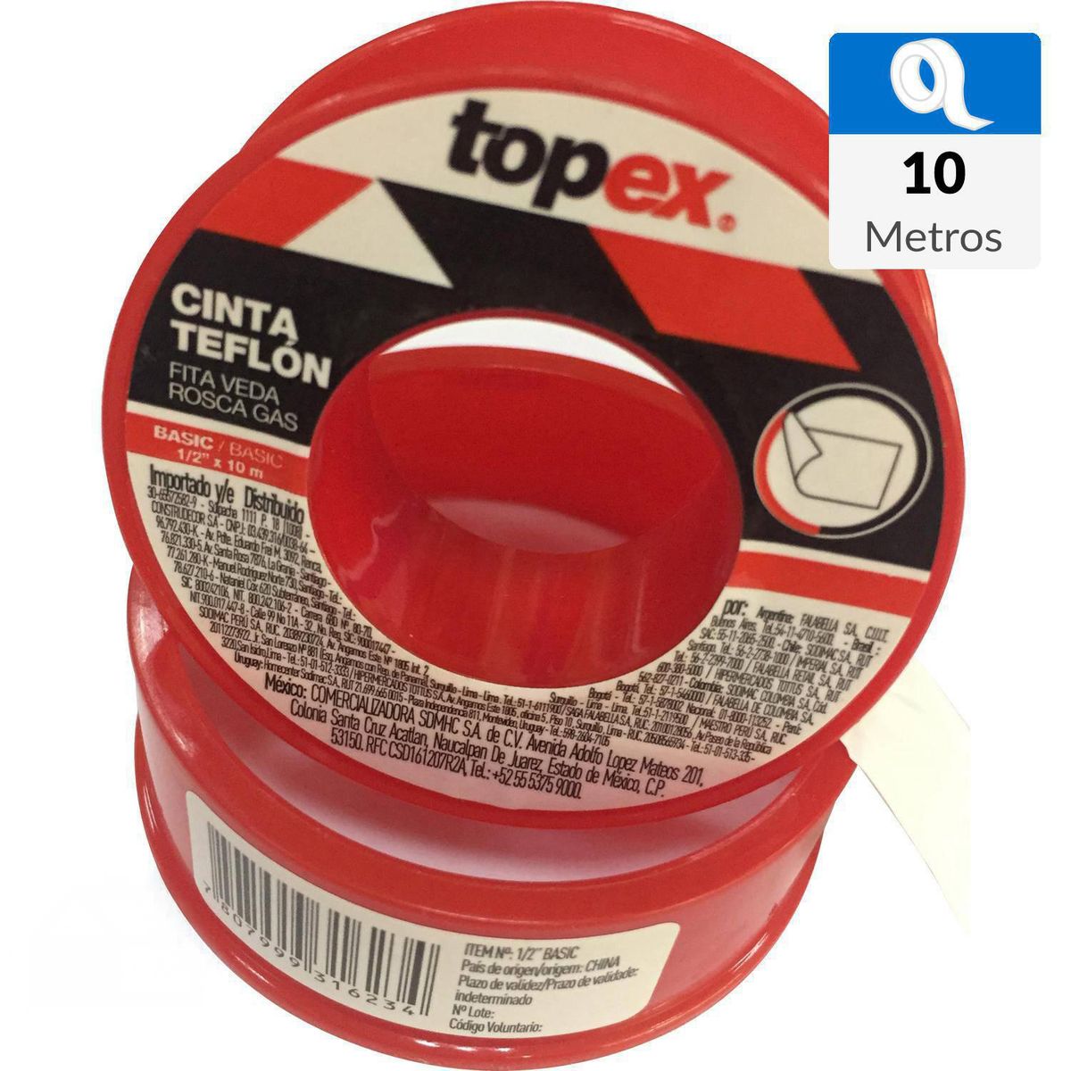TOPEX - Teflón 1/2 pulgadas 10 m Blanco/rojo