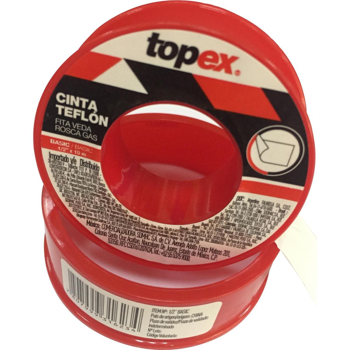 TOPEX - Teflón 1/2 pulgadas 10 m Blanco/rojo