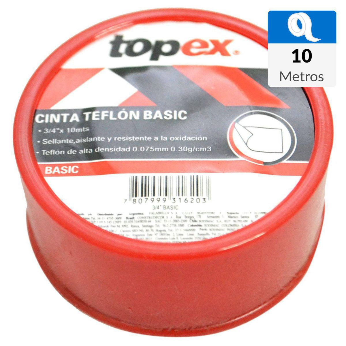 TOPEX - Teflón 3/4 pulgadas 10 m Blanco/rojo