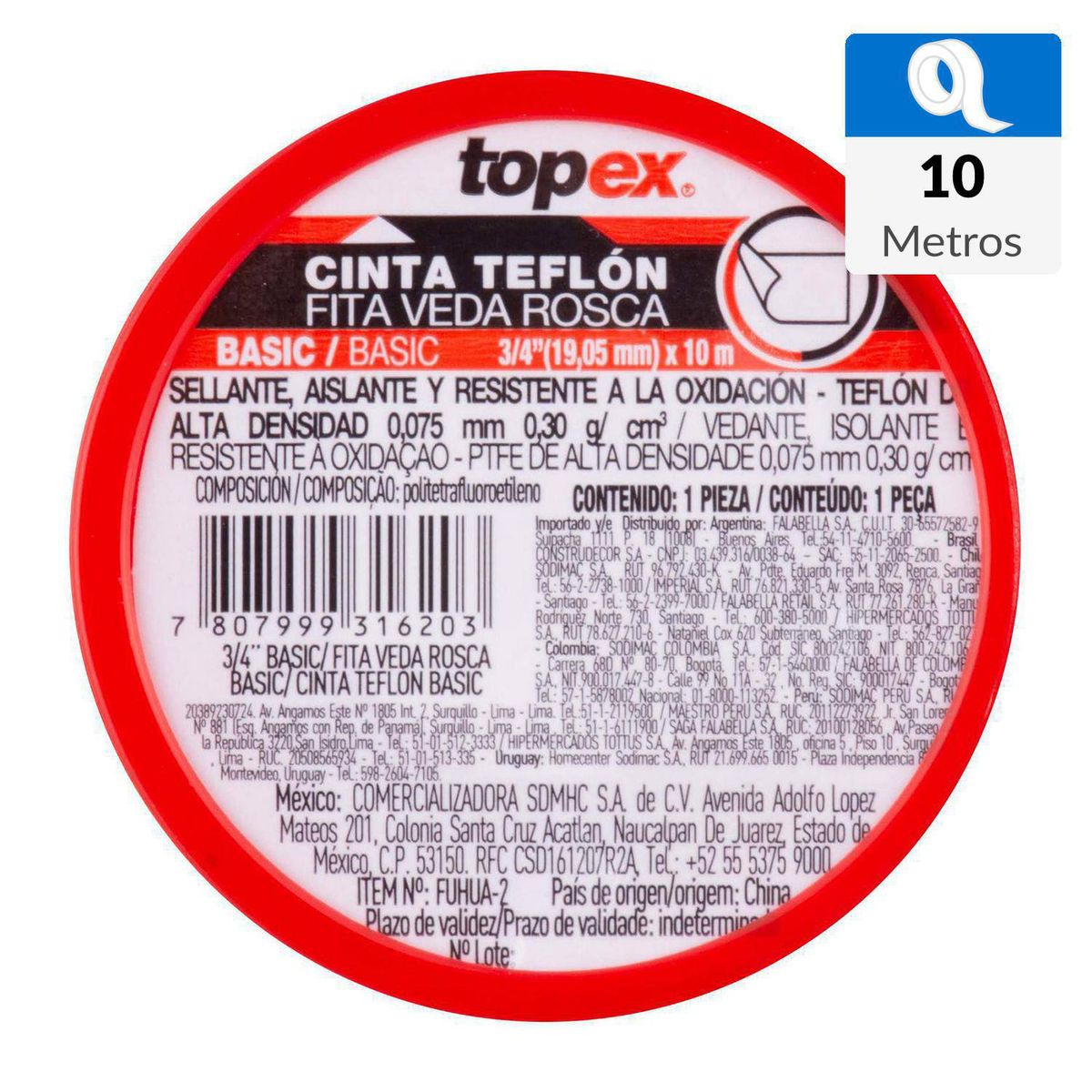 TOPEX - Teflón 1 pulgadas 10 m Rojo