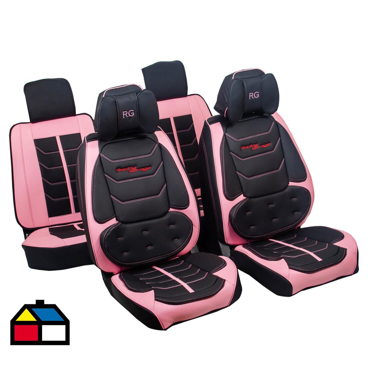 RACING GARAGE - Set Fundas Premium Eco Cuero Engomado Racing Garage Negro y Rosado