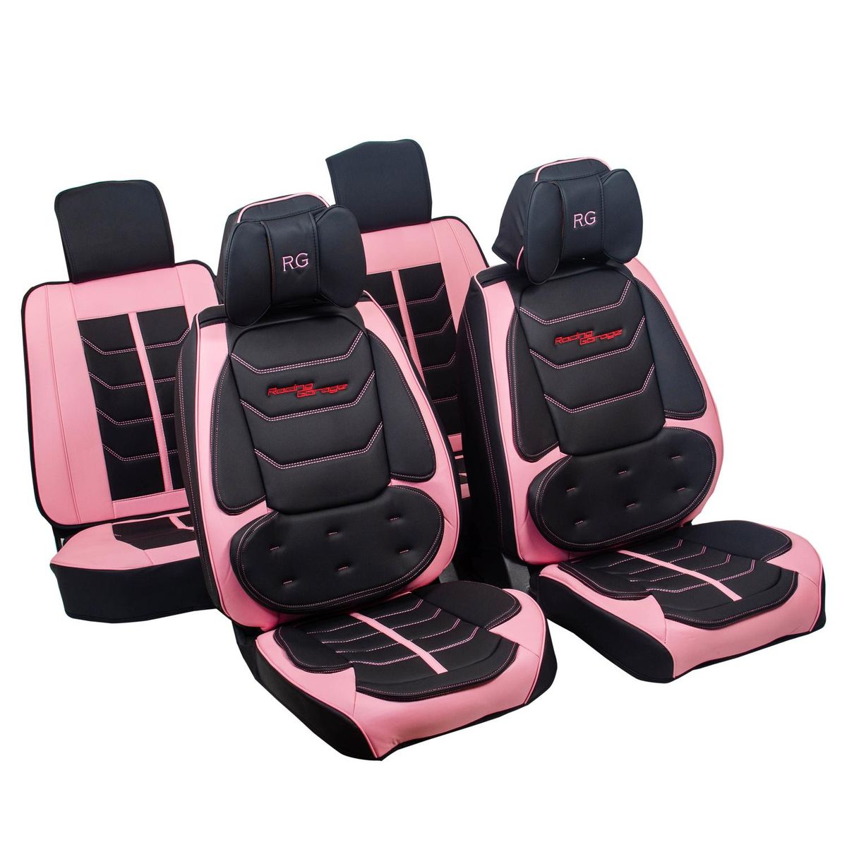 RACING GARAGE - Set Fundas Premium Eco Cuero Engomado Racing Garage Negro y Rosado