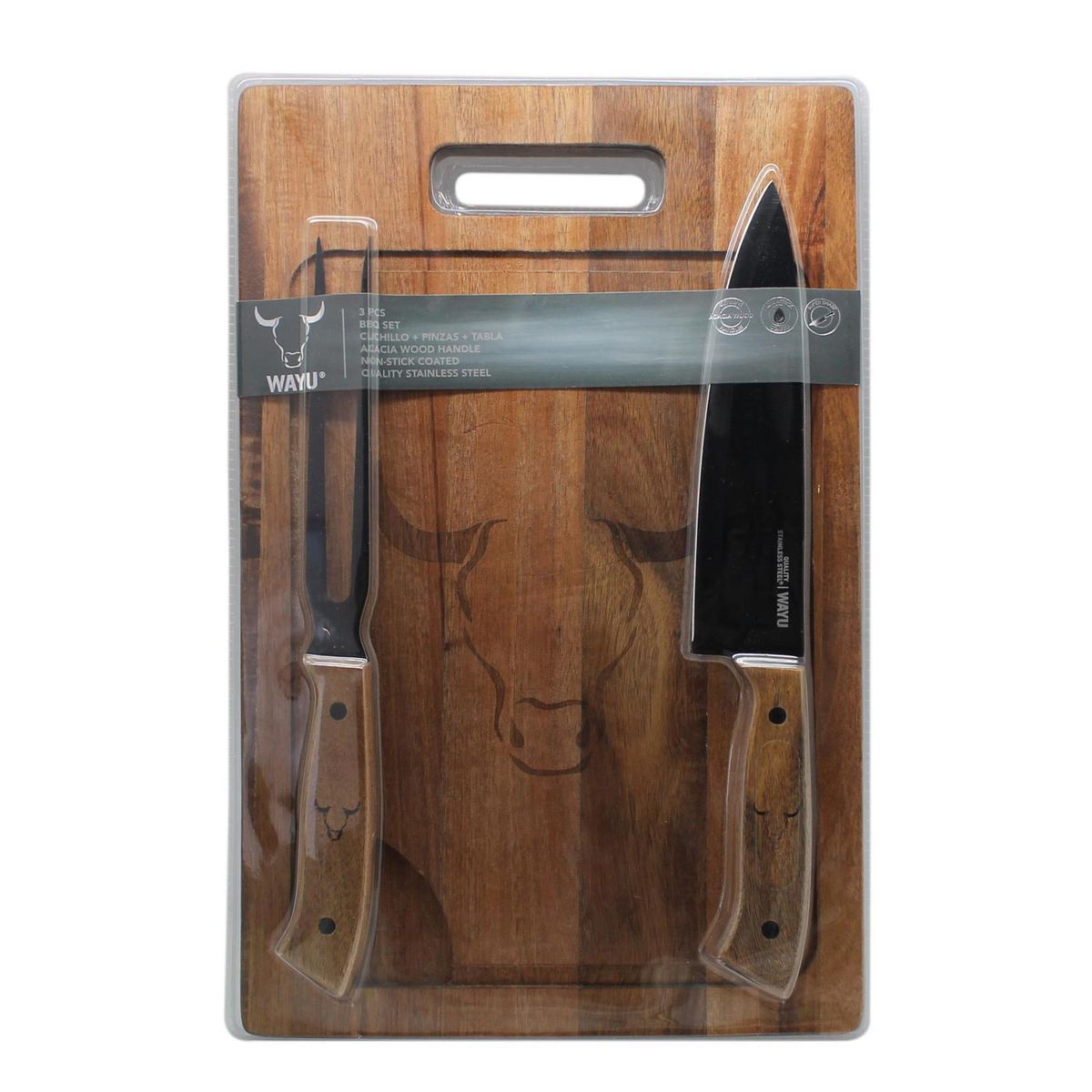 WAYU - Set 3 Piezas Tabla/Cuchillo/Tenedor Parrillero