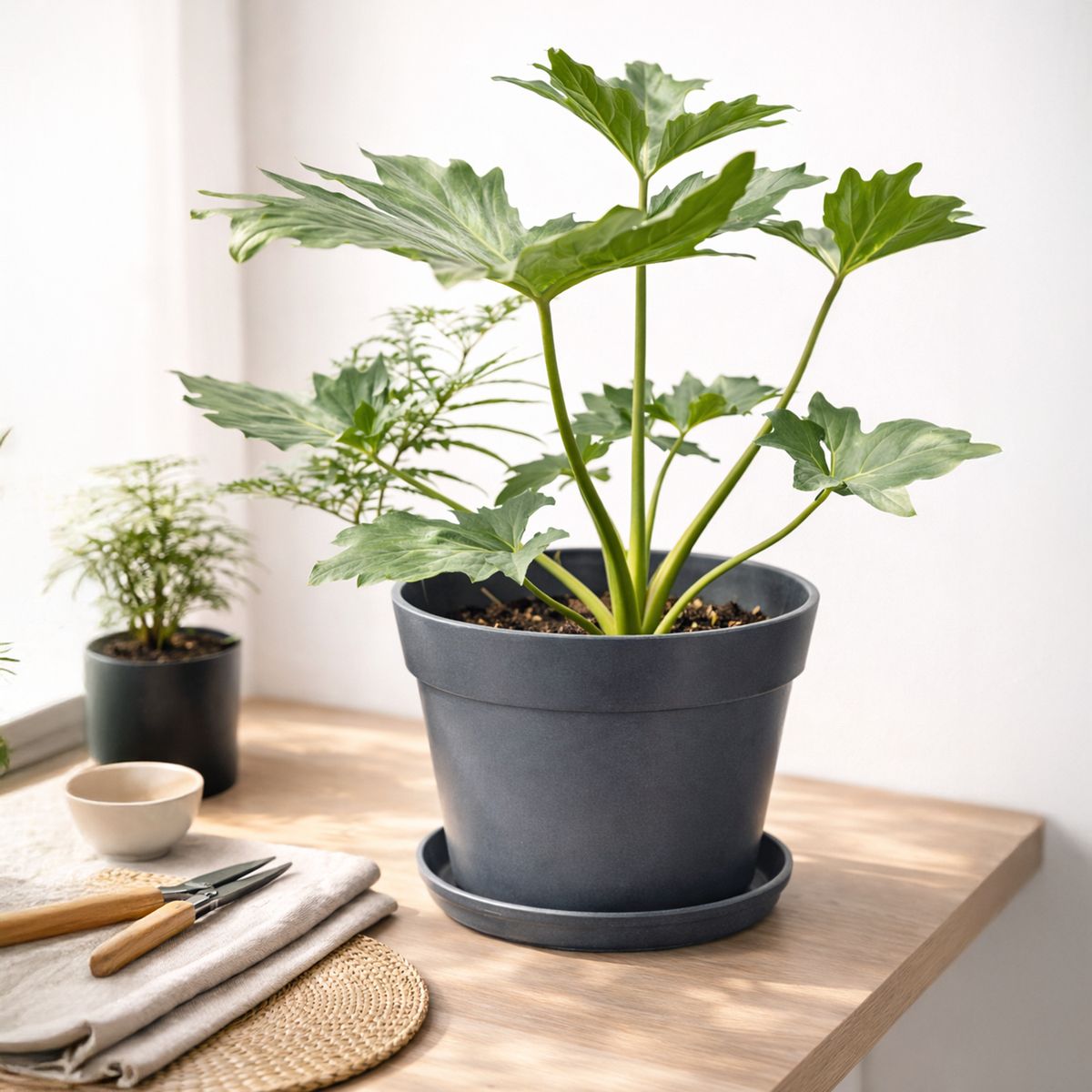 DECOGREEN - Set 2 Maceteros y Platos Biodegradable de Bambú 25x17 cm Gris