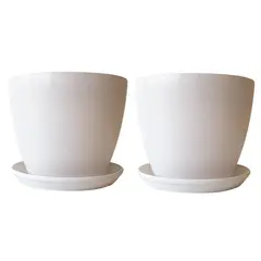 DECOGREEN - Set 2 Maceteros y Platos Biodegradable de Bambú 24x18 Blanco